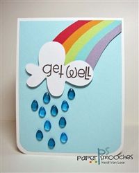 a handmade card with water drops and a rainbow in the background that says get well