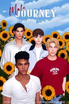 three young men standing in front of sunflowers with the words make journey written on them