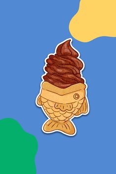 an ice cream sundae sticker on a blue background with green and yellow clouds