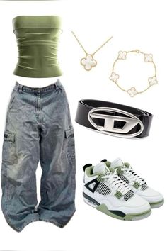 Outfit With Retro 4 Jordans, Outfits Ideas Streetwear, Green Outfit Streetwear, Retro 4 Outfits, Green Shirt Outfit Ideas, Jordan Retro 4 Outfits, Jordan 4 Fits, Cute Streetwear Outfits, Green Shirt Outfit