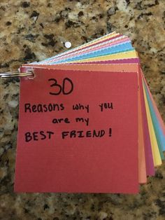 a stack of cards with the words 30 reasons why you are my best friend