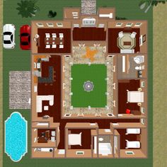 an aerial view of a house with a pool and car parked in front of it