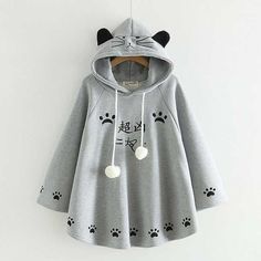 Cute Gray Sweatshirt For Winter, Cute Cat Print Hooded Hoodie, Kawaii Long Sleeve Hoodie With Cat Design, Cotton Hooded Hoodie With Cat Print, Cotton Hooded Sweatshirt With Cat Print, Cute Long Sleeve Sweatshirt With Cat Print, Fall Long Sleeve Hoodie With Cat Print, Winter Cat Print Hooded Hoodie, Cute Long Sleeve Sweatshirt With Cat Design