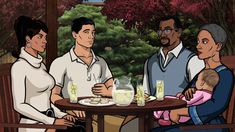 an animated family sitting at a table with drinks in front of them and trees behind them