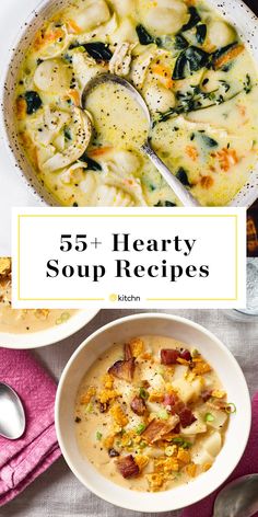 some soups are in bowls with spoons next to them and the title reads, 5 hearty soup recipes