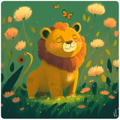 a lion sitting on top of a lush green field next to pink and white flowers