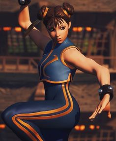 an animated woman in a blue and gold outfit with two hands up to the side