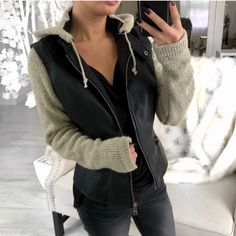 Reposh. Brand New With Tags. Only Selling Because I Personally Would Want A Bigger Size. Cozy Black Hooded Jacket For Fall, Vegan Leather Jacket, Knit Sleeve, Black Cream, Big Size, Vegan Leather, Jackets & Coats, Jackets For Women, Leather Jacket