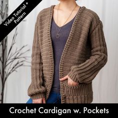 a woman wearing a brown cardigan with pockets