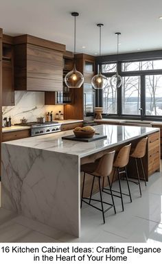 a large kitchen with marble counter tops and wooden cabinets, along with bar stools