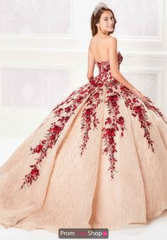 Princesa Dress PR21957 | PromDressShop.com Elegant Strapless Evening Dress For Quinceanera, Wine Quinceanera Dresses, Ball Gowns Fantasy Fairytale, Ball Gowns Princess Fairytale, Wedding Dress With Red, Vintage Gold Wedding, Ball Gowns Fantasy, Red Ball Gowns