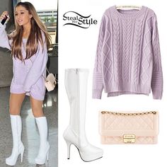 ♡ @PeruvianGirly20 ♡ Knit Sweater Outfit, Clothes Outfits, Purple Sweater, White Boots