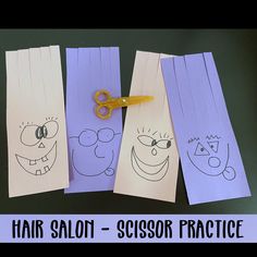 four paper bags with scissors on them that have faces drawn on them and the words hair salon - scissors practice