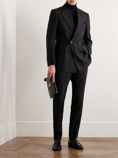 Shop TOM FORD Slim-Fit Wool and Silk-Blend Suit Trousers, Explore the latest in-season TOM FORD collection today on MR PORTER Men’s Suit Designs, Wattpad Suit Men, Elegant Dress For Man, How To Style Suits For Men, Black Suit Styles For Men, Men’s All Black Outfit Casual, All Black Suits For Men, Man Suit Outfit, Suit Men Ideas