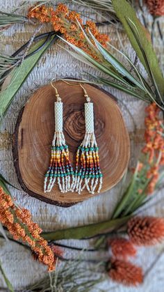 the multicolored beaded fringe earrings are on top of a piece of wood