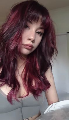 Red Hair With Purple Tips, Red Hair Black Underneath, Maroon And Black Hair, Red Hair With Curtain Bangs, Dark Wine Red Hair, Garnet Hair, Red And Purple Hair, Purple Red Hair