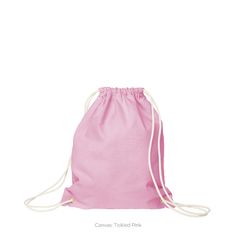 a pink drawsack bag with white string on the front and side, sitting against a white background