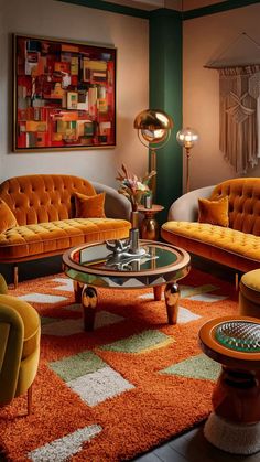 a living room filled with orange couches next to a coffee table and lamp on top of a rug