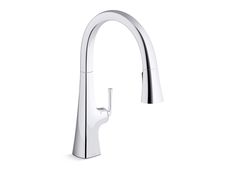 a kitchen faucet with chrome handles and an angled spout, on a white background