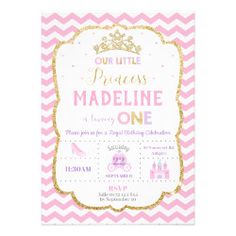 a pink and gold princess birthday card with the words, our little princess madeline one