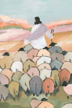 a painting of a person standing in front of a herd of sheep