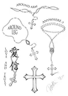 an ink drawing of crosses and names on a white paper with the words around them