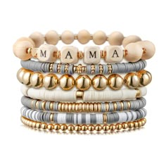 PRICES MAY VARY. Mama Style Bracelets: Elevate your style with our charming gray Mama bracelet set, a testament to both fashion and motherhood. This ensemble of 7 bracelets includes a wooden bead piece bracelet bearing the word "MAMA," two exquisite gold-plated rounds bead bracelets, and an assortment of four artfully crafted bracelets adorned with gold-plated and polymer clay beads in shades of gray and white. With this set, you have endless options to effortlessly express your unique style. Gr Womens Beaded Bracelets, Winter Clay Bead Bracelets, Polymer Clay Bracelet Ideas, Bracelet Making Ideas, Heishi Jewelry, Bohemian Beaded Bracelet, Aesthetic Summer Beach, Bracelets With Beads, Colorful Preppy