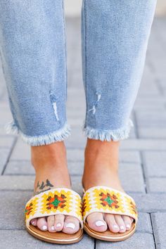 Elevate your wardrobe with these adorable sandals! Featuring a unique textured crochet design and bold colors, these sandals are perfect for the season! Complete your outfit by pairing them with your favorite tops and dresses! Step out in style and comfort all season long! Cheap Playful Yellow Sandals, Fun Yellow Summer Sandals, Handmade Yellow Summer Sandals, Yellow Handmade Beach Sandals, Fun Yellow Non-slip Sandals, Fancy Sandals, Textured Crochet, Yellow Sandals, Crochet Collection