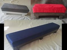 three different types of benches on a white sheeted surface, one with a red cushion and the other blue