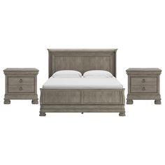 a bed with two nightstands and a night stand next to each other on a white background