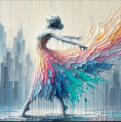 an abstract painting of a woman with colorful wings on her back, in front of a cityscape