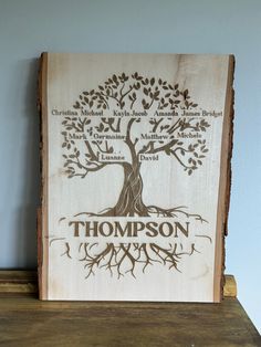 a wooden sign with a family tree on it