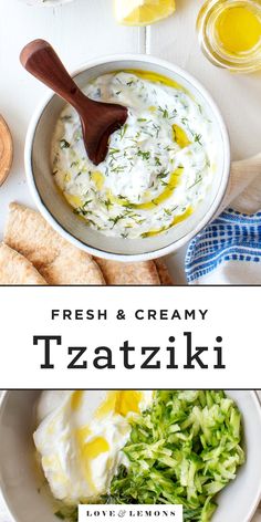 fresh and creamy tzatzziki with lemons on the side is an easy appetizer for any special occasion