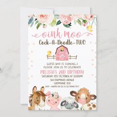 a baby shower with farm animals and pink flowers on it's cover is shown