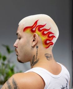 Buzzcut Fire Design, Fire Hair Men, Flames Hair Design, Buzzed Hair Dye Designs Halloween, Hair Art Buzzcut, Tattoo Flames, Weird Hair, Cool Hair Designs, Tie Dye Hair