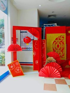 some red and yellow decorations in a room