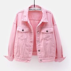 Pink Loose Denim Jacket Pink Jean Jacket, Spring Outwear, Jean Rose, Jeans Rosa, Pink Denim Jacket, Casual Denim Jacket, Long Sleeve Denim Jacket, Uniform Fashion, Pink Jeans