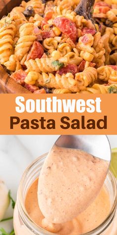 pasta salad in a mason jar with a wooden spoon and text overlay that reads southwest pasta salad