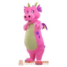 a pink dragon mascot standing with his arms crossed