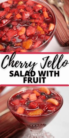 cherry jello salad with fruit in a glass dish on a white surface and text overlay that reads cherry jello salad with fruit