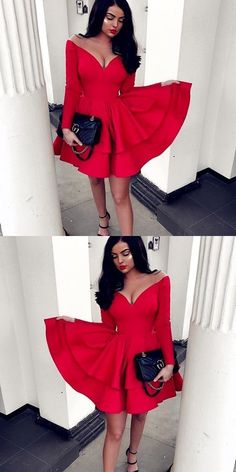 Off-the-shoulder Short Dress, Red Homecoming Dress, Short Party Dress, #yesbabyonline #homecomingdress V-neck Ruffled Mini Dress For Prom, Evening A-line V-neck Dress With Ruffles, V-neck Ruffle Mini Dress For Prom, Fitted A-line V-neck Dress With Ruffles, A-line V-neck Dress With Ruffles For Party, Ruffled A-line V-neck Party Dress, Ruffled A-line V-neck Dress For Party, Homecoming Dresses Sleeves, Long Homecoming Dresses