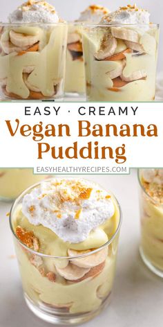 easy and creamy vegan banana pudding in glass cups with whipped cream on the top