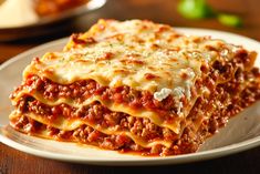 lasagna stacked on top of each other on a white plate with sauce and cheese