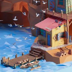 a paper model of a house on the water with birds flying around in the background