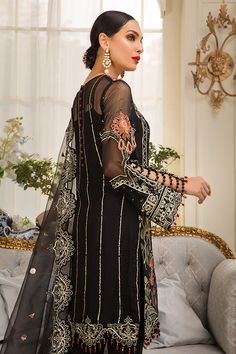 The Elegant Pakistani Eid Dress, Features exquisitely sequenced & pure handwork thread embroidery all over the shirt and nicely embellished neckline along with back button line with the lavishly detailed cutwork border along hanging beads and pearls, Beautiful beads cut style sleeves design all work on pure chiffon fabric with high-quality inner. Dupatta: Pair with the matching embellished organza dupatta with four-sided handwork embroidered cutwork border and sequence, gotta sprayed all over. B Dupatta Designs Ideas, Black Dupatta, Embroidered Suits, Eid Dress, Embellished Shirt, Readymade Saree, Eid Dresses, Chiffon Collection, Embroidered Chiffon