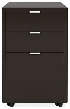 a black filing cabinet with three drawers on casteors and wheels, against a white background