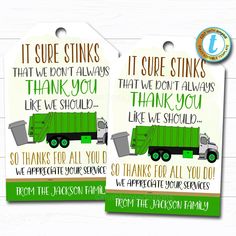 two tags with green garbage trucks on them