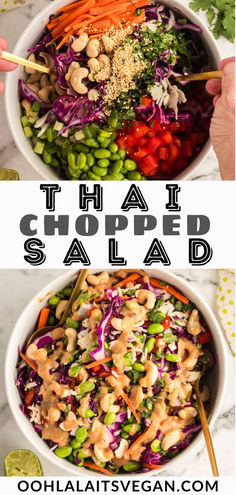 a collage of thai chopped salad for Pinterest Thai Chickpea Salad, High Protein Chopped Salad, Vegan Thai Salad, Raw Vegan Salad Recipes, Low Carb High Protein Vegetarian Recipes, Chopped Thai Chickpea Salad With Curry Peanut Dressing, Keto Thai Peanut Salad, High Protein Salad Recipes, High Protein Vegan Salad