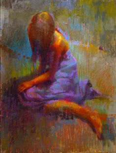 a painting of a woman sitting on the ground with her back turned to the camera