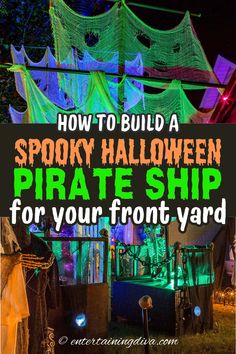 DIY Pirate Ship Halloween Decor | Pirates Party Diy Canon Pirate, Pirate Themed Halloween Decorations, Pirate Outdoor Decorations, Pirates Halloween Decorations, Pirate Ship Halloween Yard, Diy Halloween Pirate Ship